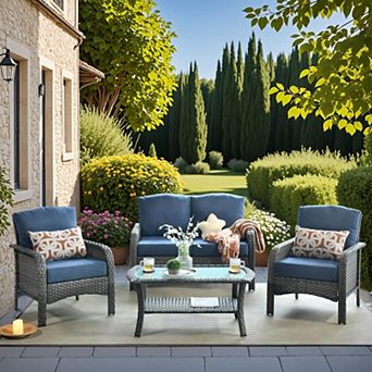 Ovios 4 pc Patio Furniture Set, All Weather High Back Rattan Chairs and Sofa Set