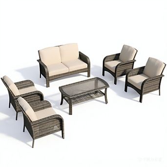 Ovios 6 pc Patio Furniture Set w/ 4 Armchairs, Loveseat Sofa & Coffee Table, Gray PE Rattan
