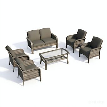 Ovios 6 pc Patio Furniture Set w/ 4 Armchairs, Loveseat Sofa & Coffee Table, Gray PE Rattan