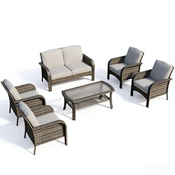 Ovios 6 pc Patio Furniture Set w/ 4 Armchairs, Loveseat Sofa & Coffee Table, Gray PE Rattan