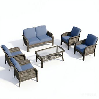 Ovios 6 pc Patio Furniture Set w/ 4 Armchairs, Loveseat Sofa & Coffee Table, Gray PE Rattan