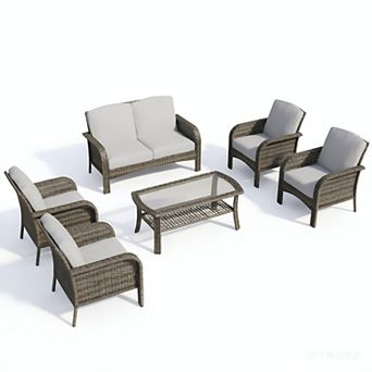 Ovios 6 pc Patio Furniture Set w/ 4 Armchairs, Loveseat Sofa & Coffee Table, Gray PE Rattan