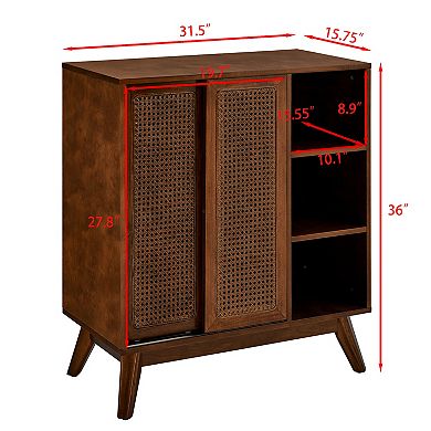 Mid Century Modern Rattan Sideboard Cabinet with Adjustable Shelf for Living Room, Kitchen, Brown
