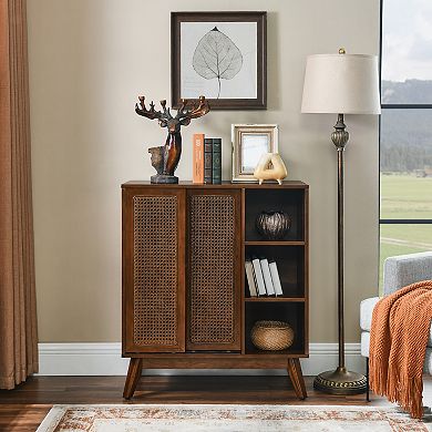 Mid Century Modern Rattan Sideboard Cabinet with Adjustable Shelf for Living Room, Kitchen, Brown