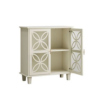 Sideboard Buffet Storage Cabinet With Tempered Glass Doors, Modern Kitchen Storage Cabinet, Beige