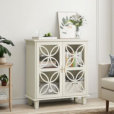 Sideboard Buffet Storage Cabinet With Tempered Glass Doors, Modern Kitchen Storage Cabinet, Beige