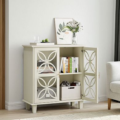Sideboard Buffet Storage Cabinet With Tempered Glass Doors, Modern Kitchen Storage Cabinet, Beige