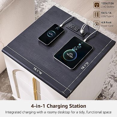 18" Nightstand with Charging Station, Side Table w/3 Storage Drawers, Bedside End Table