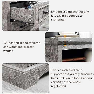 18" Farmhouse Nightstand with Charging Station, End Table with 2 Drawers Storage for Bedroom