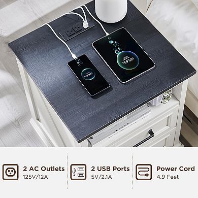 18" Farmhouse Nightstand with Charging Station, End Table with 2 Drawers Storage for Bedroom