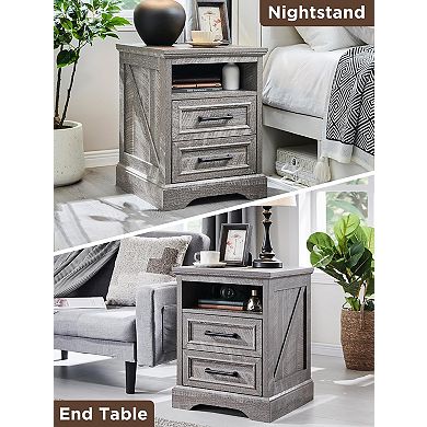 18" Farmhouse Nightstand with Charging Station, End Table with 2 Drawers Storage for Bedroom
