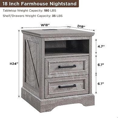 18" Farmhouse Nightstand with Charging Station, End Table with 2 Drawers Storage for Bedroom