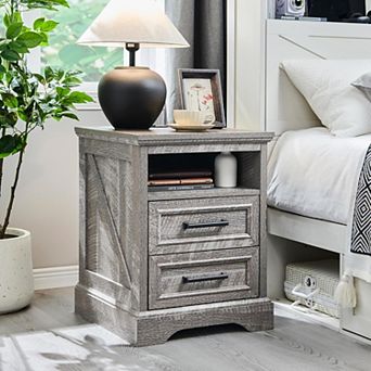 18" Farmhouse Nightstand with Charging Station, End Table with 2 Drawers Storage for Bedroom