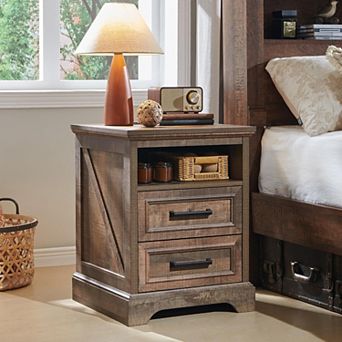 18" Farmhouse Nightstand with Charging Station, End Table with 2 Drawers Storage for Bedroom