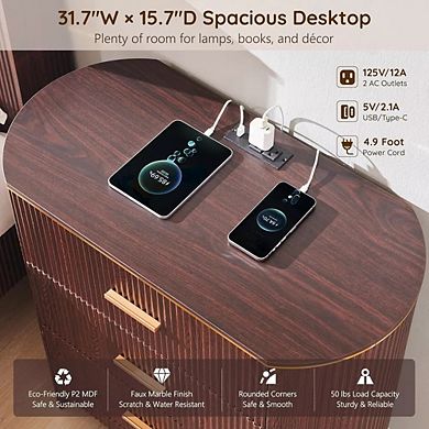 2PCS Fluted Nightstand with Charging Station, 3-Drawer Bedside Table for Bedroom Living Room