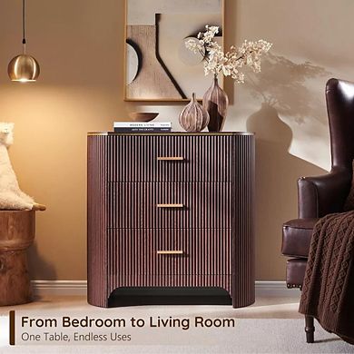 2PCS Fluted Nightstand with Charging Station, 3-Drawer Bedside Table for Bedroom Living Room