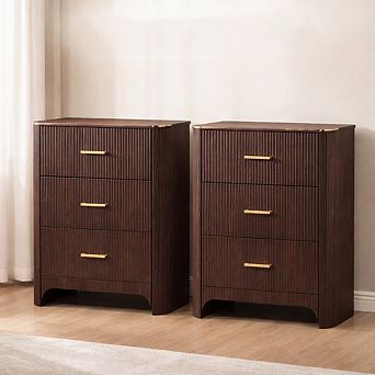 2 pc Fluted Nightstand with Charging Station, 3-Drawer Bedside Table for Bedroom Living Room