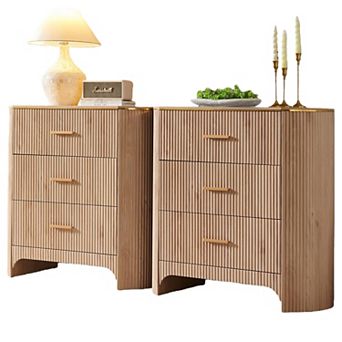 2 pc Fluted Nightstand with Charging Station, 3-Drawer Bedside Table for Bedroom Living Room