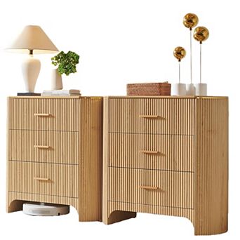2 pc Fluted Nightstand with Charging Station, 3-Drawer Bedside Table for Bedroom Living Room