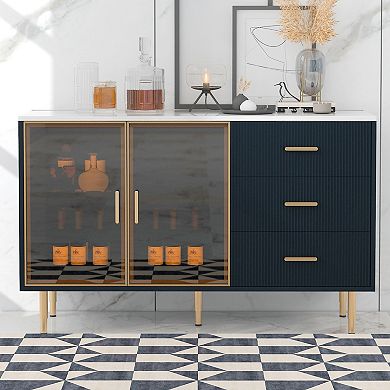 Modern Sideboard Buffet Cabinet with Tempered Glass Doors and Metal Legs & Handles, Navy Blue