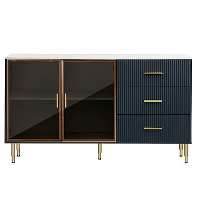Modern Sideboard Buffet Cabinet with Tempered Glass Doors and Metal Legs & Handles, Navy Blue