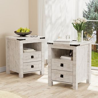 2 pc Farmhouse 2-Drawer Nightstand with Charging Station, Wood Side Table for Bedroom, Living Room