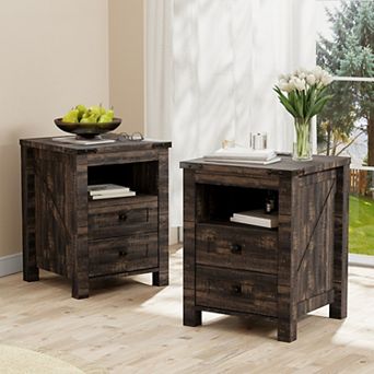 2 pc Farmhouse 2-Drawer Nightstand with Charging Station, Wood Side Table for Bedroom, Living Room