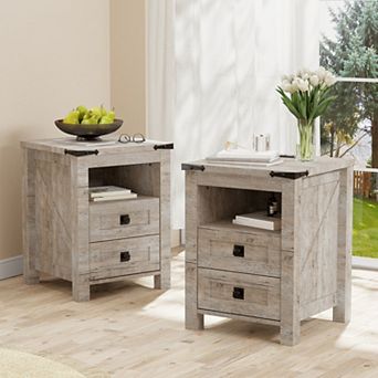 2 pc Farmhouse 2-Drawer Nightstand with Charging Station, Wood Side Table for Bedroom, Living Room