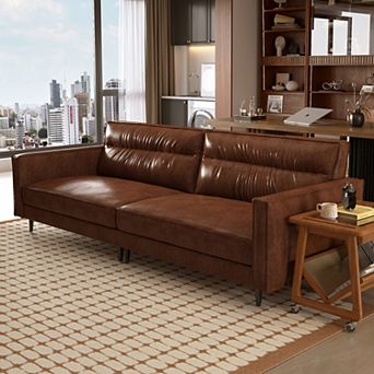 Mid-Century Modern Faux Leather Sofa Couch, 86" Brown 3-Seater Leather Sofa with Deep Cushions