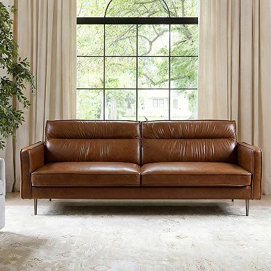 Mid-Century Modern Faux Leather Sofa Couch, 86" Brown 3-Seater Leather Sofa with Deep Cushions