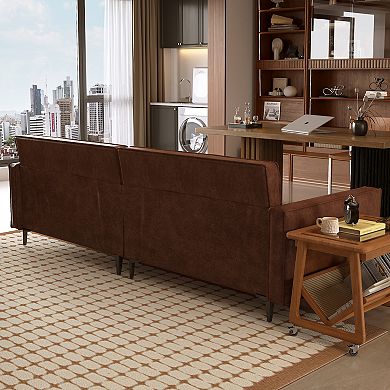 Mid-Century Modern Faux Leather Sofa Couch, 86" Brown 3-Seater Leather Sofa with Deep Cushions