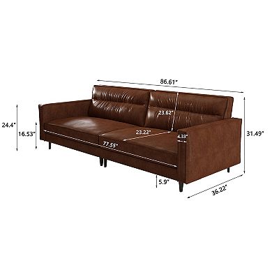 Mid-Century Modern Faux Leather Sofa Couch, 86" Brown 3-Seater Leather Sofa with Deep Cushions