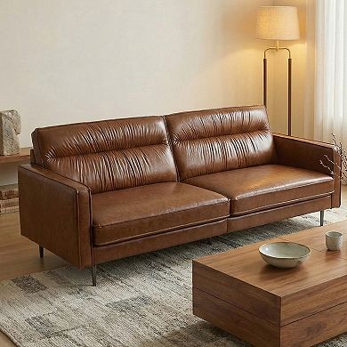 Mid-Century Modern Faux Leather Sofa Couch, 86" Brown 3-Seater Leather Sofa with Deep Cushions