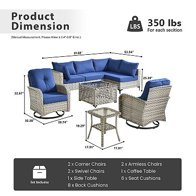 Ovios 8-Piece Outdoor Modular Sofa Set w/ Lamp Coffee Table & Swivel Chairs Set, Durable PE Rattan