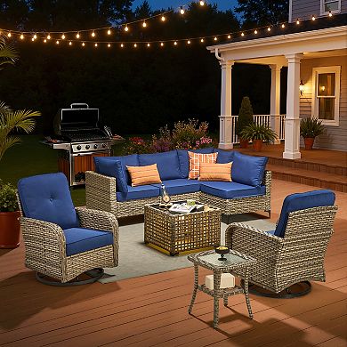 Ovios 8-Piece Outdoor Modular Sofa Set w/ Lamp Coffee Table & Swivel Chairs Set, Durable PE Rattan