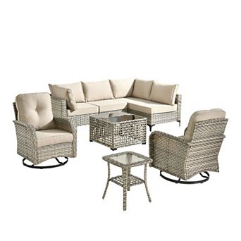 Ovios 8 pc Outdoor Modular Sofa Set w/ Lamp Coffee Table & Swivel Chairs Set, Durable PE Rattan