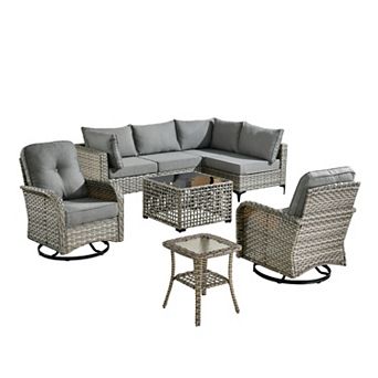 Ovios 8 pc Outdoor Modular Sofa Set w/ Lamp Coffee Table & Swivel Chairs Set, Durable PE Rattan
