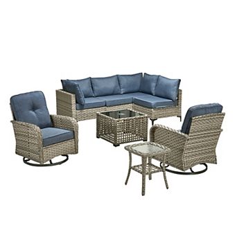 Ovios 8 pc Outdoor Modular Sofa Set w/ Lamp Coffee Table & Swivel Chairs Set, Durable PE Rattan