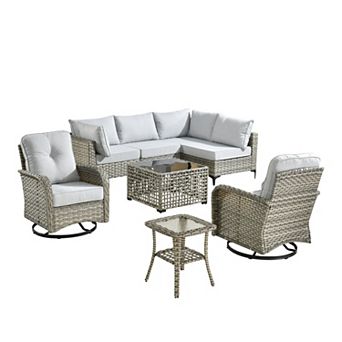 Ovios 8 pc Outdoor Modular Sofa Set w/ Lamp Coffee Table & Swivel Chairs Set, Durable PE Rattan