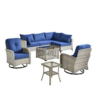 Ovios 8 pc Outdoor Modular Sofa Set w/ Lamp Coffee Table & Swivel Chairs Set, Durable PE Rattan