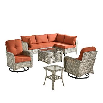 Ovios 8 pc Outdoor Modular Sofa Set w/ Lamp Coffee Table & Swivel Chairs Set, Durable PE Rattan