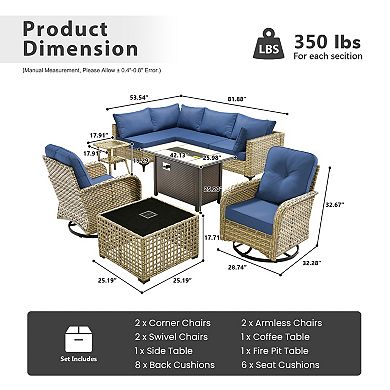 Ovios 9-Pc Outdoor Modular Sofa Set w/ Lamp Coffee Table, Swivel Chairs & Fire Pit Table, PE Rattan
