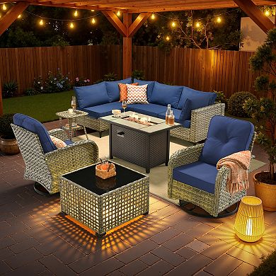 Ovios 9-Pc Outdoor Modular Sofa Set w/ Lamp Coffee Table, Swivel Chairs & Fire Pit Table, PE Rattan