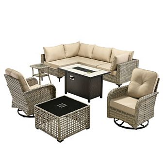 Ovios 9 pc Outdoor Modular Sofa Set w/ Lamp Coffee Table, Swivel Chairs & Fire Pit Table, PE Rattan