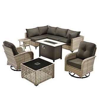 Ovios 9 pc Outdoor Modular Sofa Set w/ Lamp Coffee Table, Swivel Chairs & Fire Pit Table, PE Rattan