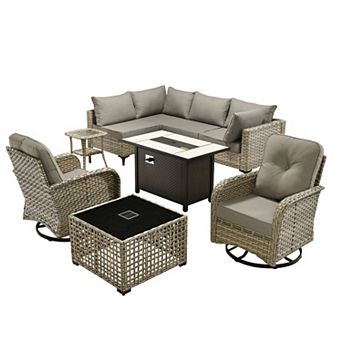 Ovios 9 pc Outdoor Modular Sofa Set w/ Lamp Coffee Table, Swivel Chairs & Fire Pit Table, PE Rattan