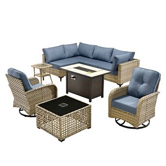Ovios 9 pc Outdoor Modular Sofa Set w/ Lamp Coffee Table, Swivel Chairs & Fire Pit Table, PE Rattan