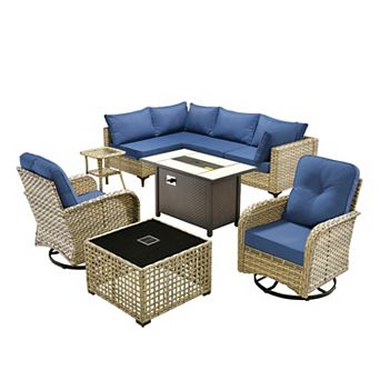 Ovios 9 pc Outdoor Modular Sofa Set w/ Lamp Coffee Table, Swivel Chairs & Fire Pit Table, PE Rattan