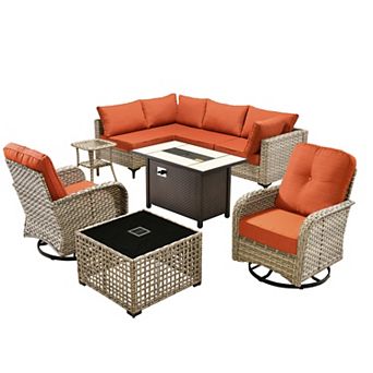 Ovios 9 pc Outdoor Modular Sofa Set w/ Lamp Coffee Table, Swivel Chairs & Fire Pit Table, PE Rattan