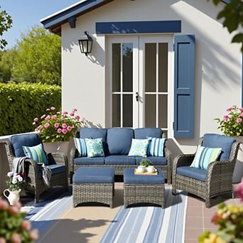 Ovios Outdoor Furniture Conversation Set, 5 pc All Weather Wicker High Back Couch w/ Ottomans
